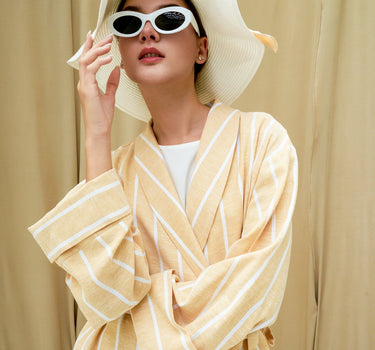 Striped Linen Blend Shawl Collar Crossover Blouse