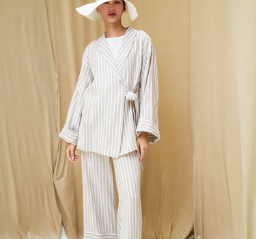 Striped Linen Blend Shawl Collar Crossover Blouse