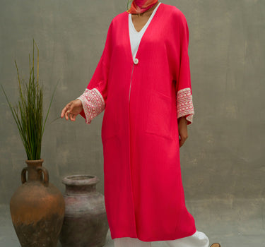 Sleeve Embroidered Linen Blend Cardigan